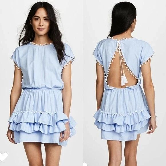 Peixoto Nissi Pompom Tiered Ruffle Mini Dress in Sky Blue Size M Medium NWT!!! - Picture 1 of 5